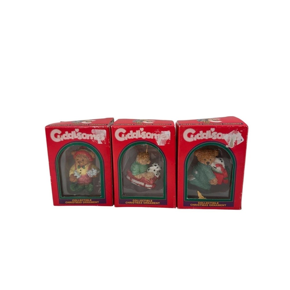 Vintage Cuddlsomes Christmas Ornaments Set Of 3 Cast Teddy Bear 1994 Retro Art